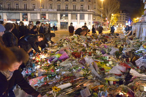 Paris, France - November 18, 2015: Commemoration against  terrorist attacks, on November 18th, 2015 at Republique place in Paris, France