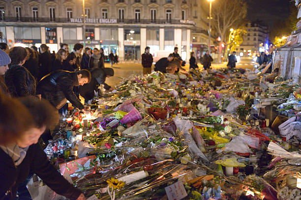 Commemoration against  terrorist attacks (on November 13th, 2015)  in Paris. stock photo