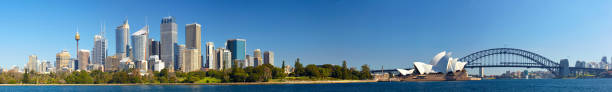 Sydney Harbour Panoramic Super-wide panoramic of Sydney Harbour on a bright & sunny day, made up from five horizontal images. opera house stock pictures, royalty-free photos & images