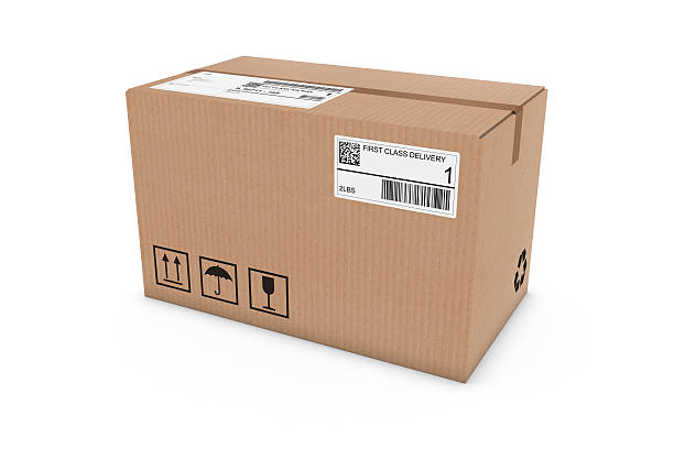 caixa de cartão com transporte etiquetas isolado em fundo branco - cardboard box package box label imagens e fotografias de stock