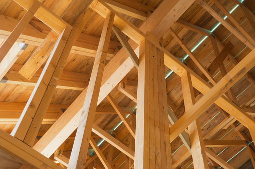 Timber frame of a house during construction.