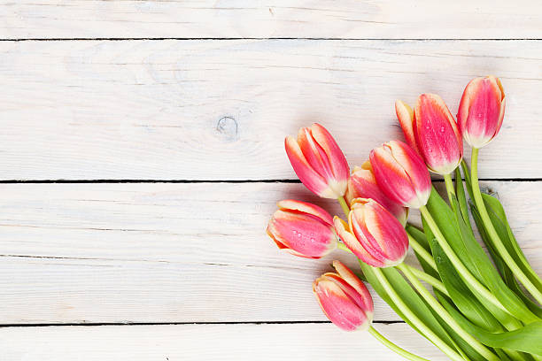 istock Colorful tulips on wooden table 497577408