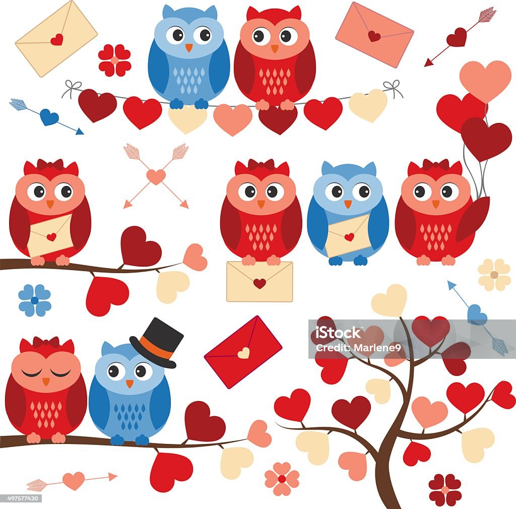 Love Owls Set of 8 owls with hearts 2015 stock vector