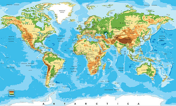 Physical map of the world Highly detailed physical map of the world  atlantic ocean stock illustrations