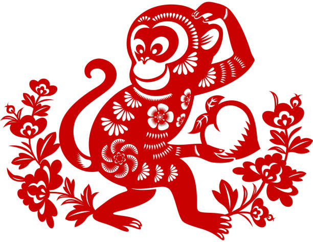 illustrations, cliparts, dessins animés et icônes de année du monkey papercut art - signe du zodiaque chinois