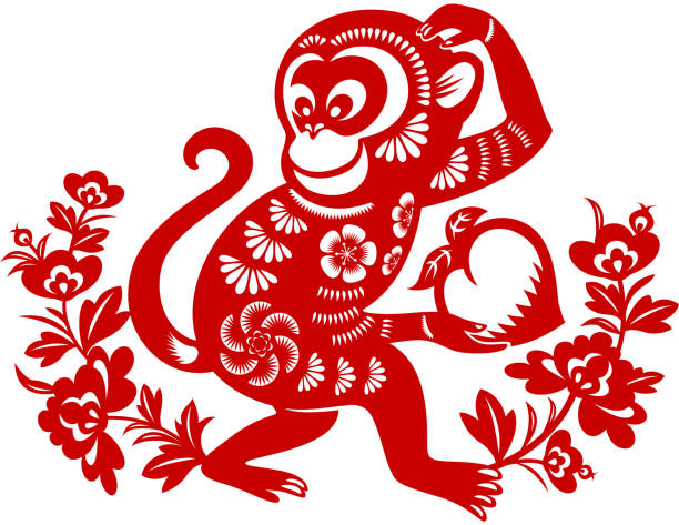 Year of the monkey papercut art Traditional papercut art of Year of the Monkey for Chinese New Year. monkey stock illustrations