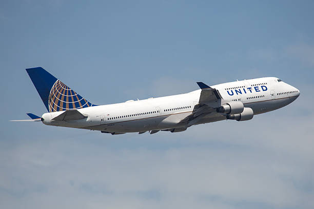Frankfurt, Germany - June 10, 2014: United Airlines Boeing 747-400 taking off from the Frankfurt International Airport.
