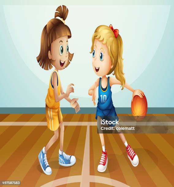Deux Jeunes Filles Jouant Au Basketball Vecteurs libres de droits et plus d'images vectorielles de Activité - Activité, Adulte, Bleu