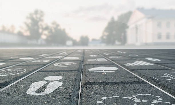Technical icons on a tile in the city.