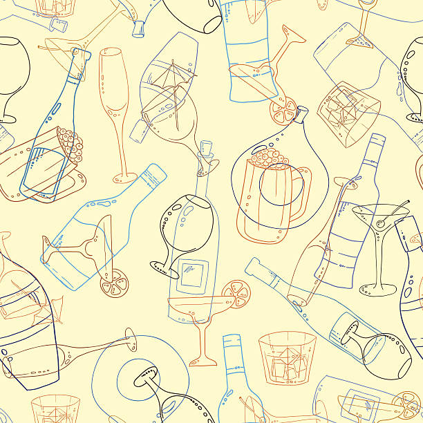 вино и коктейли бесшовный фон. - wine bottle fork wine cork stock illustrations