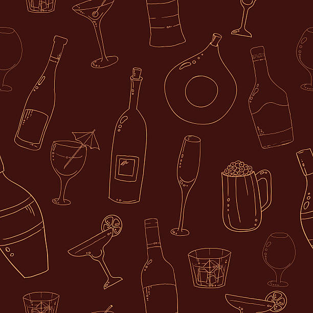 вино и коктейли бесшовный фон. - wine bottle fork wine cork stock illustrations