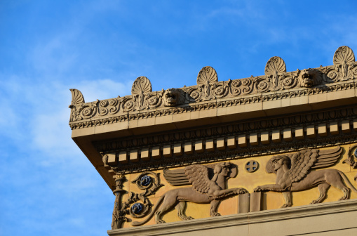 Wilmington, DE, USA: Wilmington Public Library, one of the nation's oldest public libraries - architect Henry Hornbostel, Classical Revival style - cornice and frieze with winged lions and blue roses - photo by M.Torres