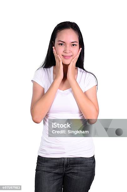 Asian Women Presenting New Product Isolated Stock Photo - Download Image Now - Adult, Adults Only, Contemplation