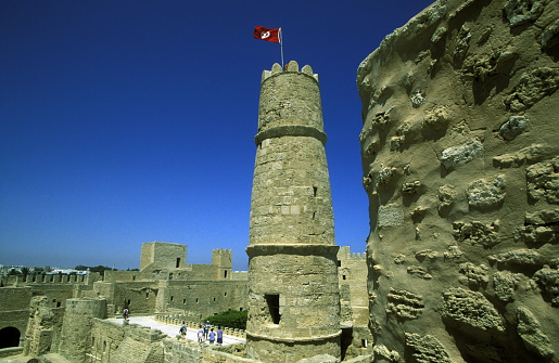 The Ribat or fortress in the old town in Monastir on the Mediterranean Sea in the northeast of Tunisia in North Africa.
