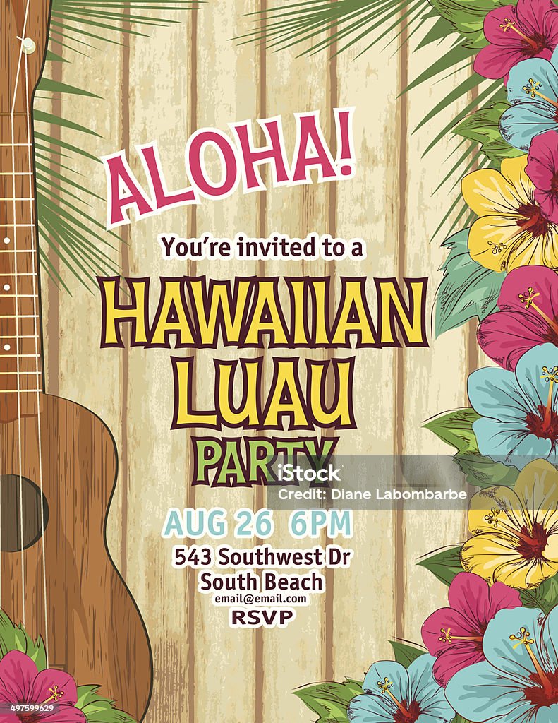 Aloha Hawaiian Party Invitation Aloha Hawaiian Party Invitation.  The invitation has a brown partial guitar vertically on the left side and yellow,blue and pink hibiscus flowers overlapping along the right side and bottom on a white background.  The luau party invitational text is in the middle of the poster a woodgrain plank background. Luau stock vector