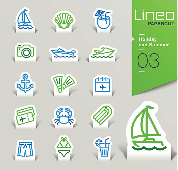 ilustraciones, imágenes clip art, dibujos animados e iconos de stock de lineo papercut-iconos de vacaciones de verano y descripción - swimming trunks bikini swimwear red