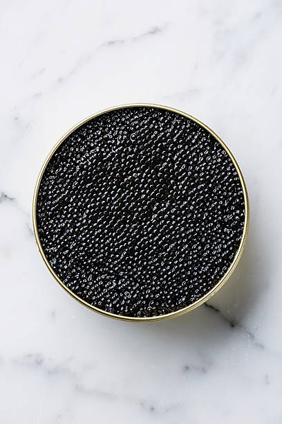Sturgeon black caviar in can Sturgeon black caviar in can on white marble background caviar stock pictures, royalty-free photos & images