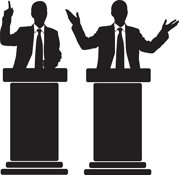 tribune silhouettes of people speaking from tribune man at podium stock illustrations