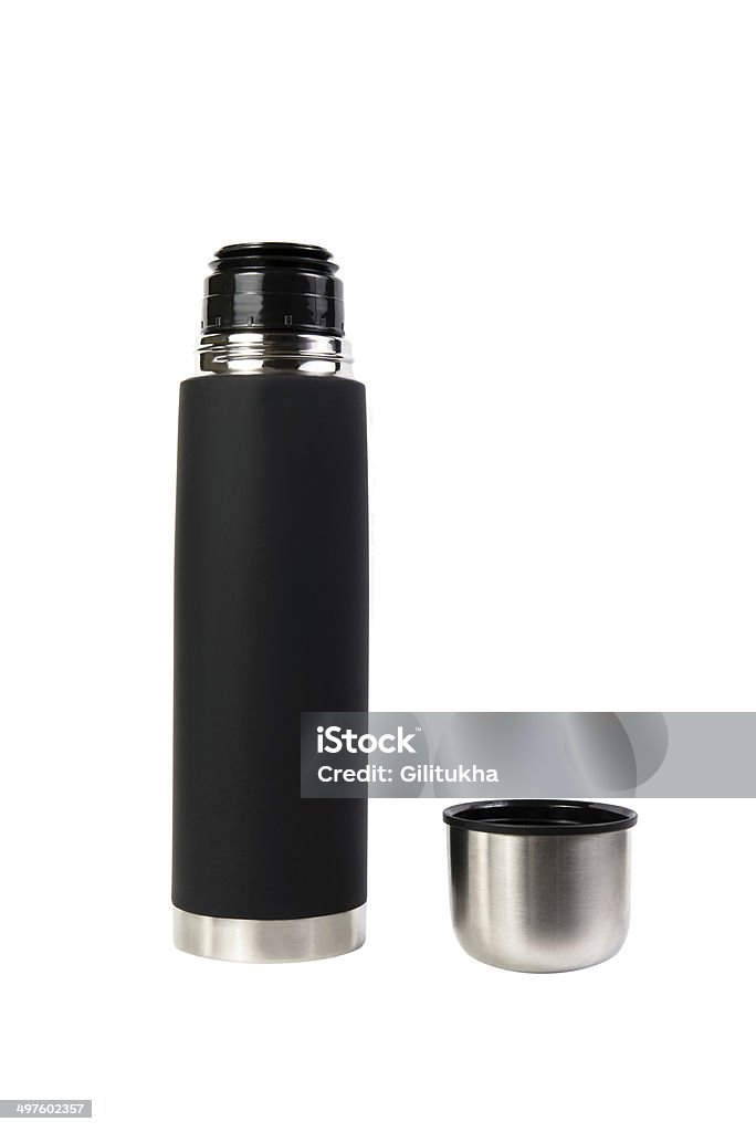 Black thermos isolated on white background Black thermos with open lid isolated on white background Airtight Stock Photo