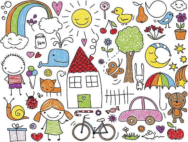 illustrations, cliparts, dessins animés et icônes de doodle enfants - toy umbrella