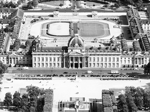 Aerial view of Ecole Militaire, or Military School, from Eiffel Tower in Paris, France