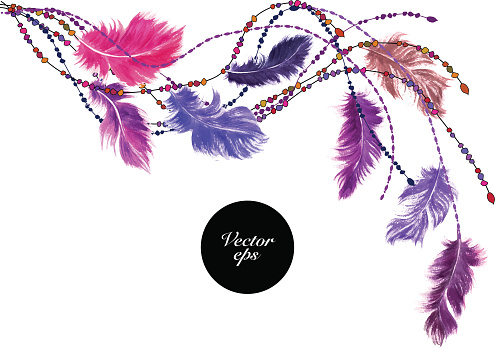 Vector decorative background. Watercolor feathers with beads in romantic colors. Corner ornament for card and invitation.