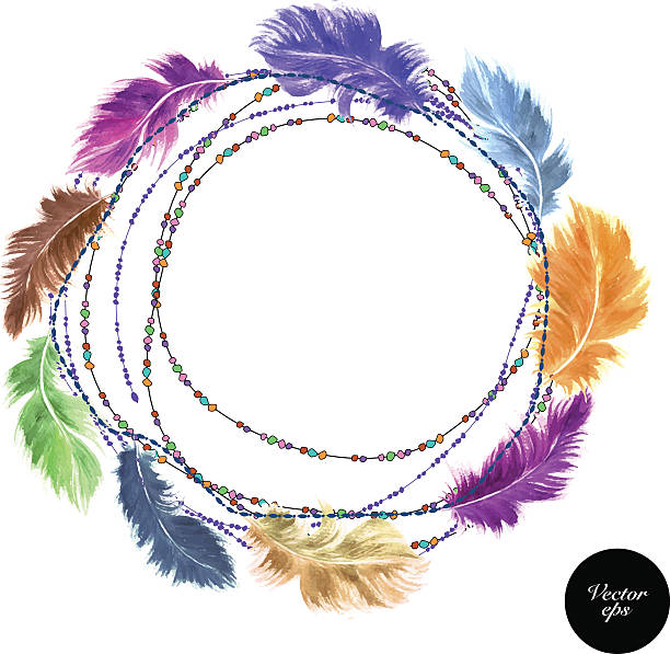 Vector watercolor feather decorative background Vector seamless pattern. Watercolor feather decorative background. Bird feather wreath with beads. Rounf feather frame for cards and invitations. symbol north american tribal culture bead feather stock illustrations