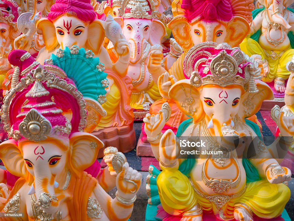 Ganesha statues Assorted handmade clay statues for sale in the streets of Delhi India. These are being produced and sold for Ganesha Chaturthi hindu festival Ganesh Chaturthi Stock Photo