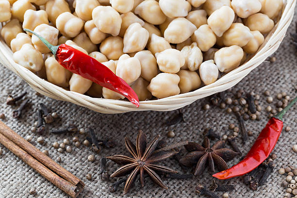Chickpeas. Ingredients for Indian food. Top view.