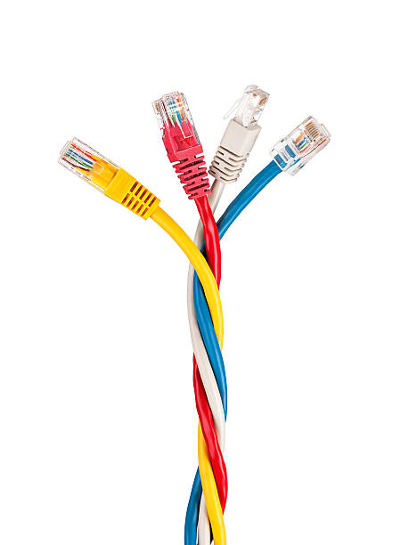 istock Colorful twisted internet cables on a white background close-up 497608274
