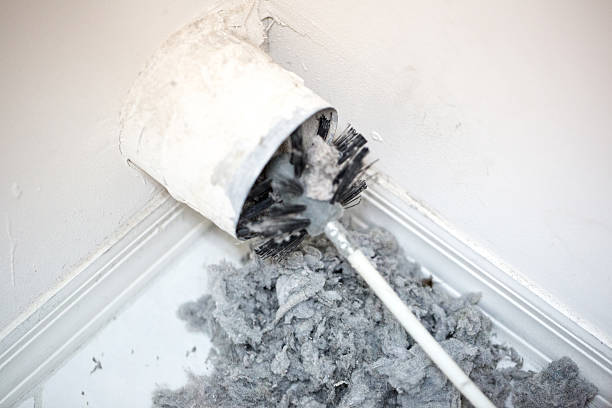 Lint being removed with a brush from a dryer vent Dryer vent in a home being cleaned out with a round brush. There is a large pile of lint that has been removed from the vent on a white tiled floor. The walls and baseboards are white. The lint is gray. Taken with a Canon 5D Mark 3 camera.  rm duct stock pictures, royalty-free photos & images