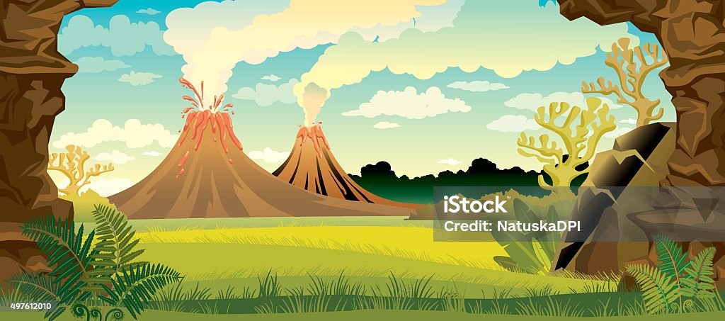 Prehistoric landscape with volcanoes. Prehistoric landscape - volcanoes with smoke, green grass, cave and walls of rock. Vector nature illustration. Prehistoric Era stock vector