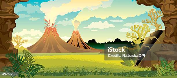 Prehistoric Landscape With Volcanoes Stock Illustration - Download Image Now - Prehistoric Era, Backgrounds, Landscape - Scenery