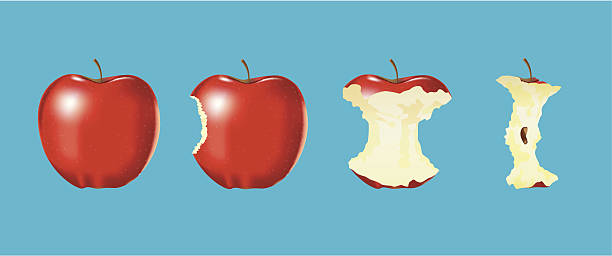 wektor z zjedzony jabłko na niebieskim tle - apple biting missing bite red stock illustrations