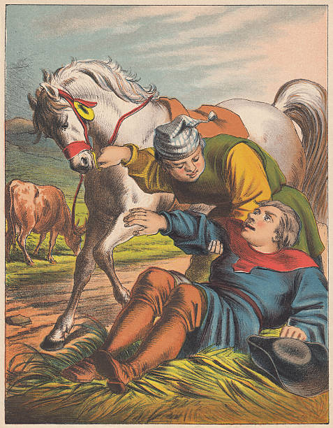 Hans in Luck (German: Hans im Glück), chromolithograph, published 1875 Hans falls off his horse and trades it for a cow. Scene from "Hans in Luck (German: Hans im Glück)" - a fairy tale by the Brothers Grimm. Color lithograph, published in 1875. brothers grimm stock illustrations