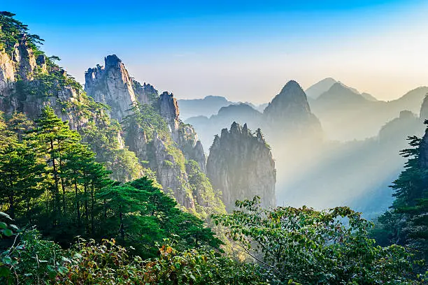 Huangshan (Yellow Mountains), a mountain range in southern Anhui province in eastern China. It is a UNESCO World Heritage Site, and one of China's major tourist destinations.