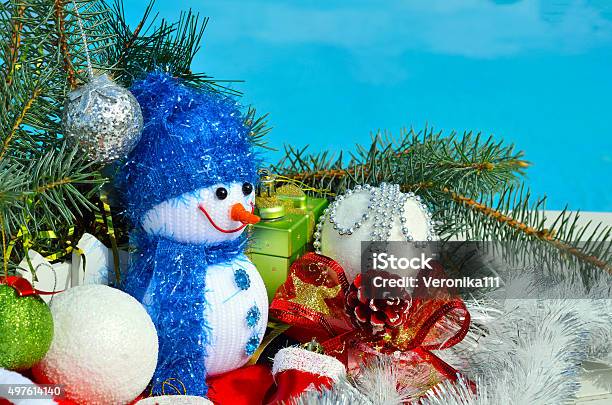 Snowman Christmas Decorations And Pine Branch Stock Photo - Download Image Now - 2015, Abstract, Backgrounds