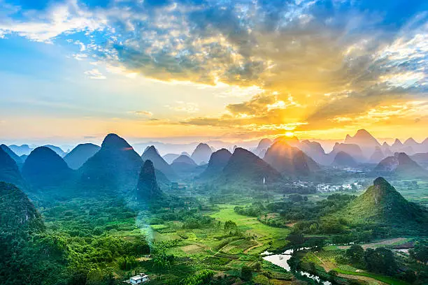 Landscape of Guilin, Li River and Karst mountains. Located near Yangshuo County, Guilin City, Guangxi Province, China.