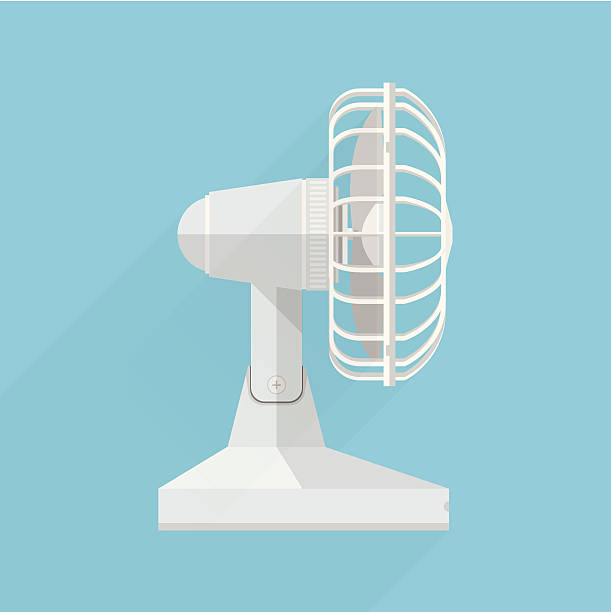 Vector flat icon for fan A side view of the white fan on blue background. electric fan stock illustrations