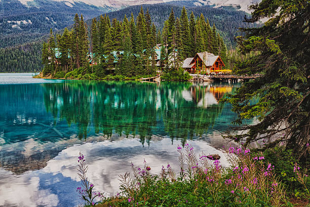 Emerald Lake Lodge Reflection Emerald Lake Lodge and Mt Burgess reflecting in the still of a calm evening lake yoho national park photos stock pictures, royalty-free photos & images