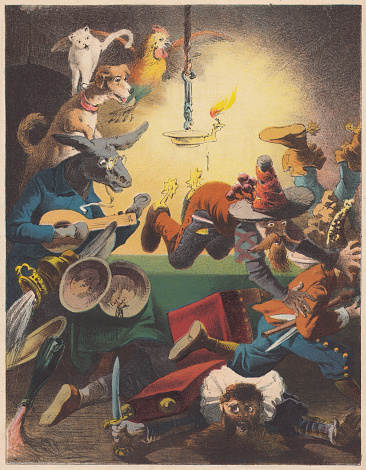 The Town Musicians of Bremen (German: Die Bremer Stadtmusikanten), a fairy tale by the Brothers Grimm. Colour lithograph, published  in 1875.