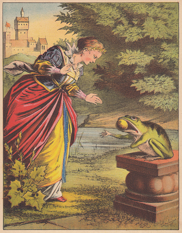 The Frog King or the Iron Heinrich (German: Der Froschkönig oder der eiserne Heinrich), a German fairy tale by the Brothers Grimm. Colour lithograph, published  in 1875.