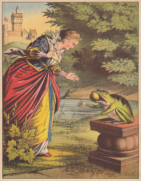 Frog King (German: Froschkönig), fairy tale, lithograph, published 1875 The Frog King or the Iron Heinrich (German: Der Froschkönig oder der eiserne Heinrich), a German fairy tale by the Brothers Grimm. Colour lithograph, published  in 1875. brothers grimm stock illustrations
