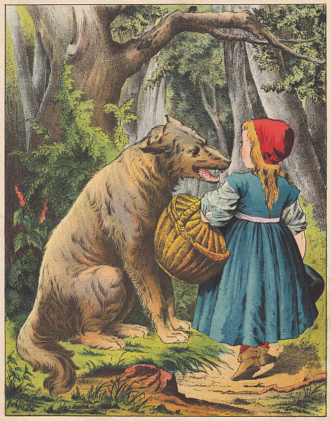 Little Red Riding Hood, lithograph, published in 1875 Little Red Riding Hood, an european fairy tale (first published by Charles Perrault, French author, 1628 - 1703). Lithograph, published in 1875. brothers grimm stock illustrations