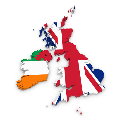 3D Outline of the United Kingdom and Ireland textured with the Union Jack and Irish Flags