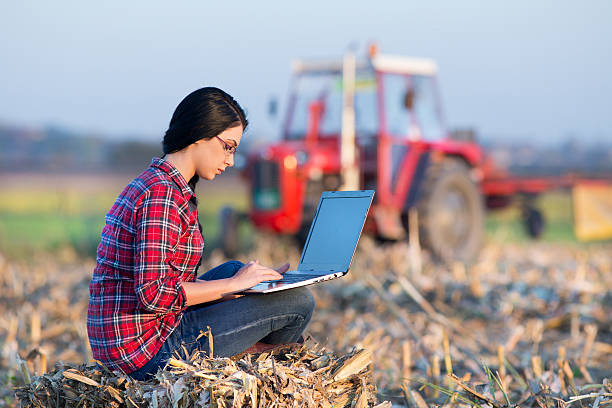 frau mit laptop im corn field - farmer rural scene laptop computer stock-fotos und bilder