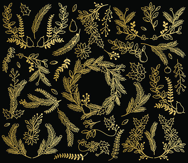 ilustraciones, imágenes clip art, dibujos animados e iconos de stock de vector colección de decoración de navidad festiva oro estampados florales de lámina - laurel wreath bay tree wreath gold