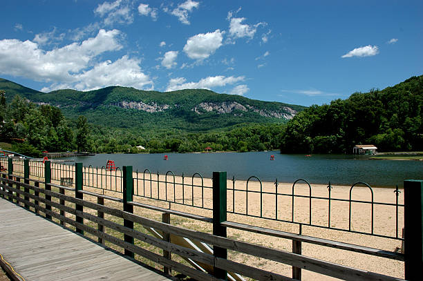 Lake Lure, North Carolina Boardwalk, Mountains And Lake stock photo