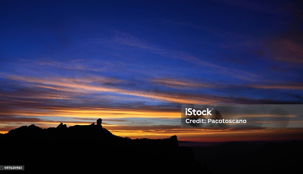 Panoramic image, sunset on  Roque Nublo, Gran canaria, Canary islands Sunset Roque Nublo, Gran Canaria Atlantic Islands Stock Photo