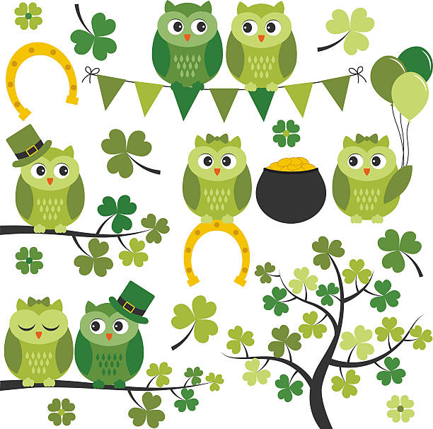 st. patrick puszczykowate - owl clover stock illustrations
